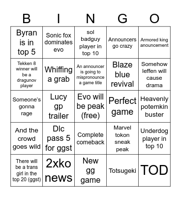 Evo 2025 Predictions Bingo Card