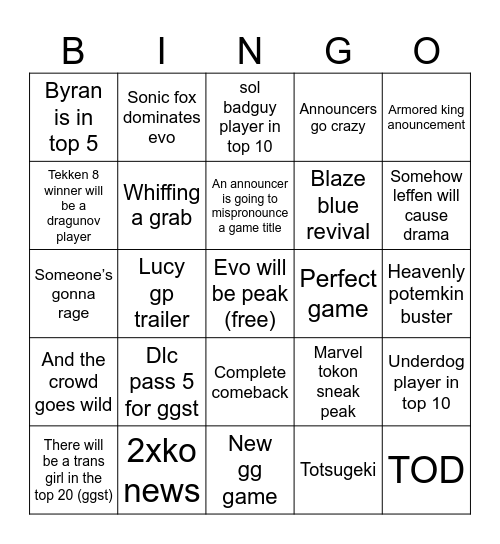 Evo 2025 Predictions Bingo Card