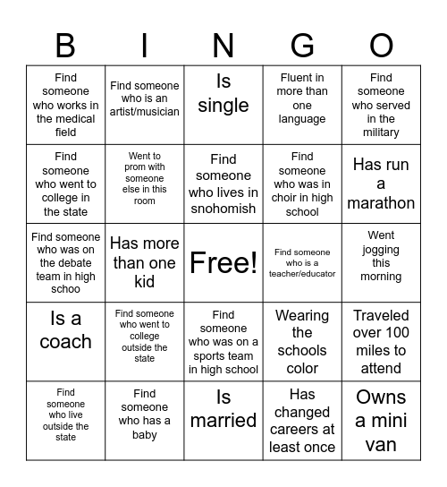 SHS reunion bingo Card