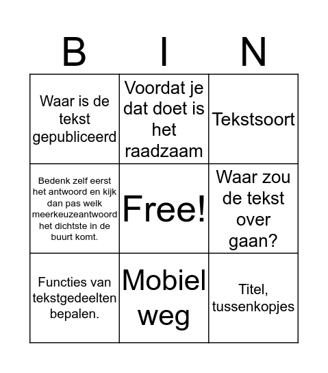 Tips lezen luisteren 1 Bingo Card