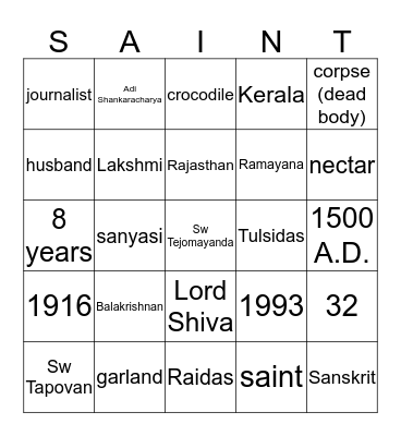 Saints and Sages Bingo Card
