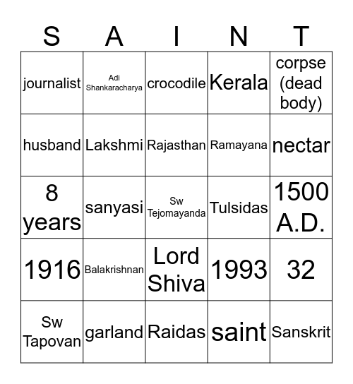 Saints and Sages Bingo Card