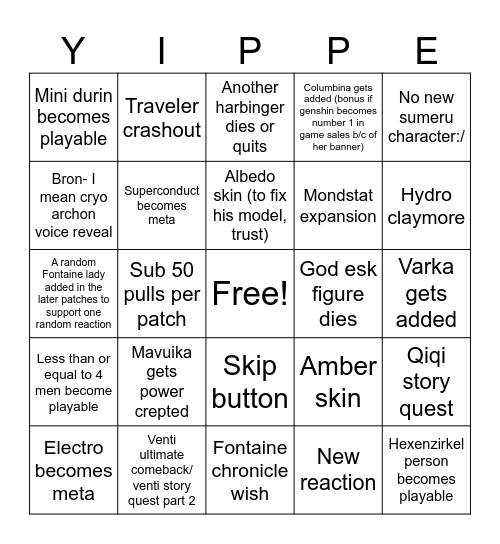 Genshin 6.x bingo Card