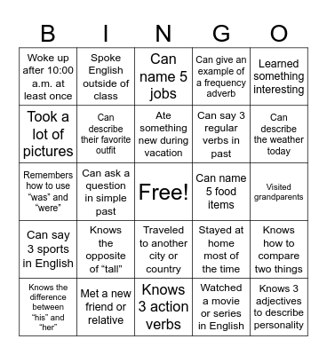 Back to classes Bingo! Bingo Card