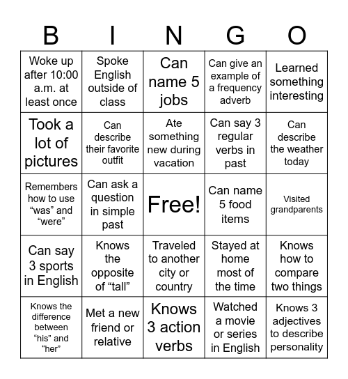 Back to classes Bingo! Bingo Card