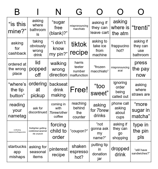 Starbucks Shenanigans Bingo Card
