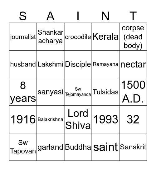 Saints and Sages Bingo Card