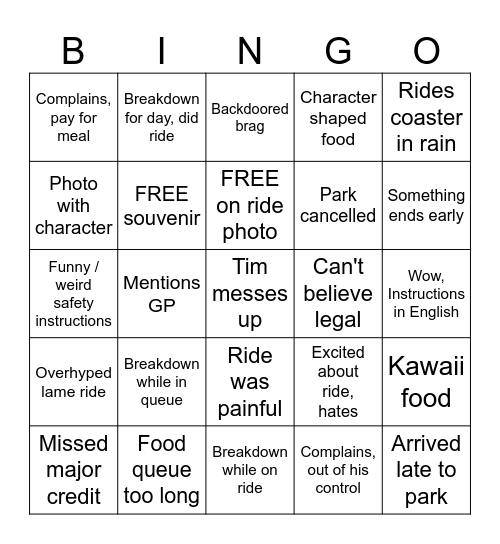 Kevin Goes to a Park Bingo Card