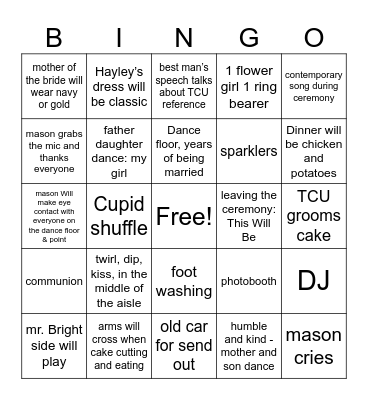 Mason & Hayley’s wedding Bingo Card