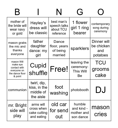Mason & Hayley’s wedding Bingo Card