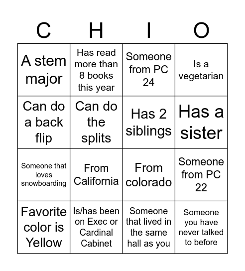 Know Your Sister Bingo Card