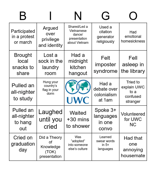 UWC Bingo Card