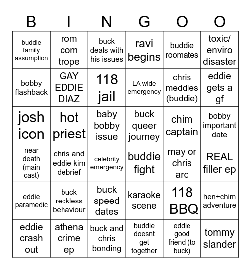 911 Season 9 Bingo Card