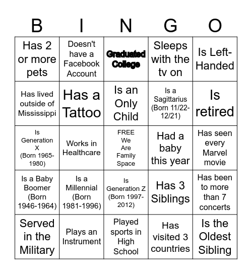 Wilkerson Family Bingo Card