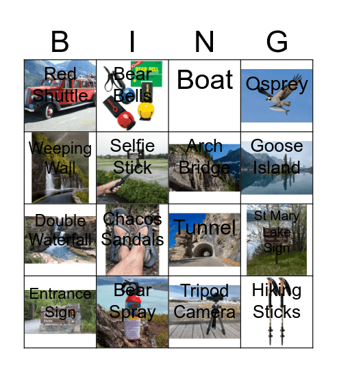 Glacier National Park Day #2 For Kids Bingo Card