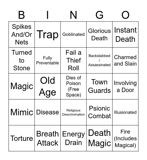 Advanced Dungeons & Dragons Bingo Card