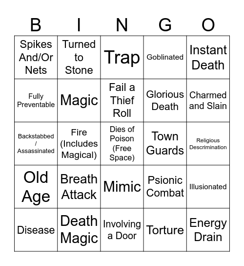 Advanced Dungeons & Dragons Bingo Card