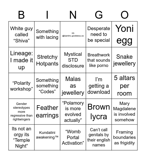 Neo tantra Bingo Card