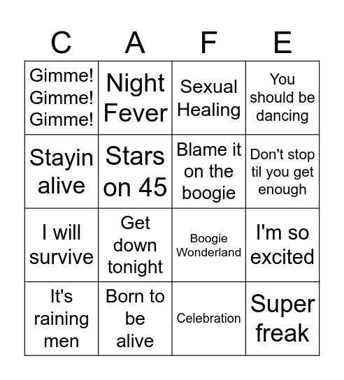 Muziekbingo de Ram; Disco Hits! Bingo Card