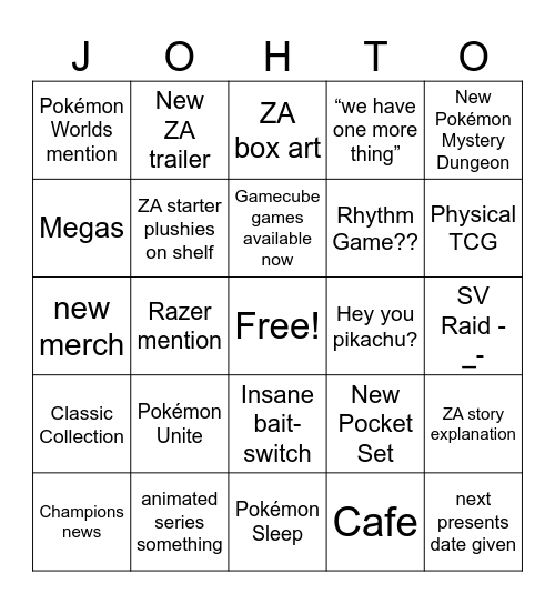 Pokémon Presents Bingo Card