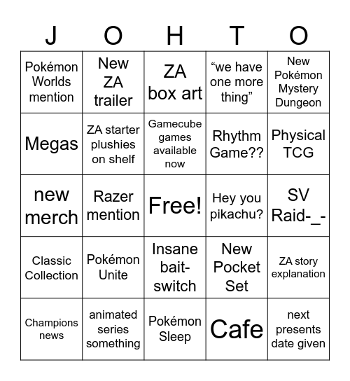 Pokémon Presents Bingo Card