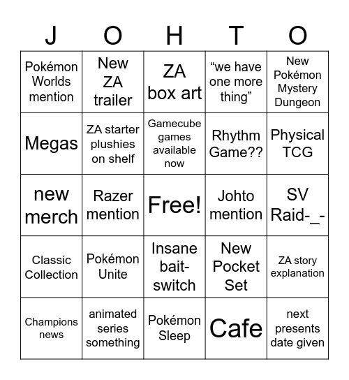 Pokémon Presents Bingo Card