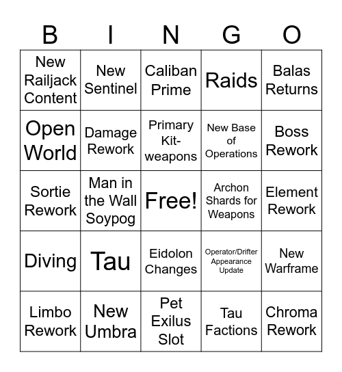 Warframe Bingo Black Hole Edition Bingo Card