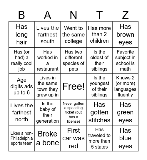 BANTZ FAMILY BINGO Card