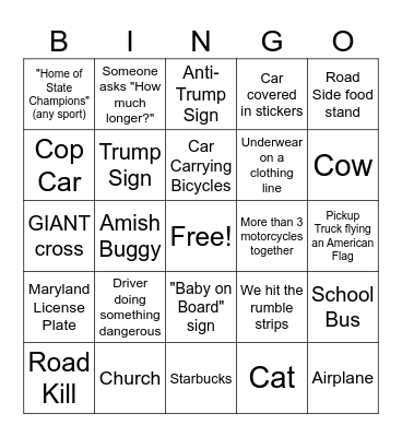Messick Road Trip Bingo Card