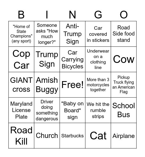 Messick Road Trip Bingo Card
