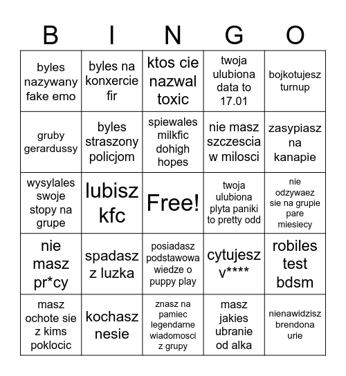 penisy zniszczenia bingo Card