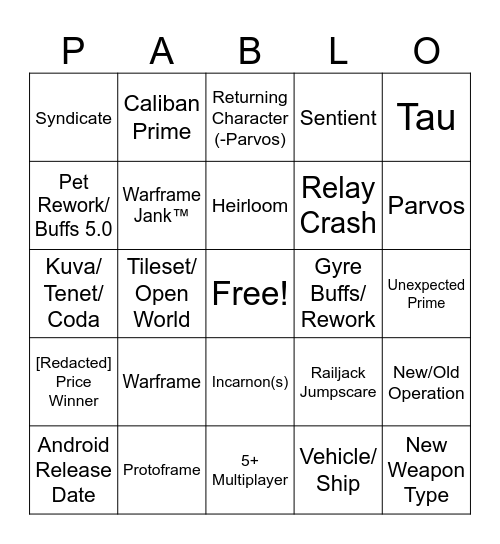 Tennocon Live 2025 Bingo Card