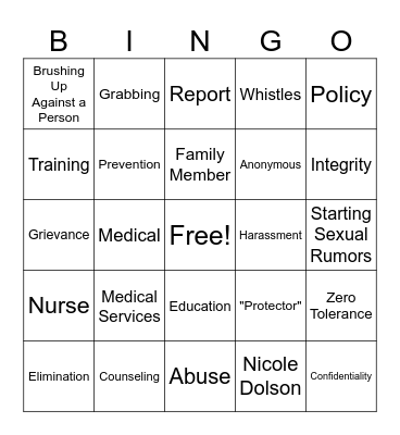 PREA Bingo Card