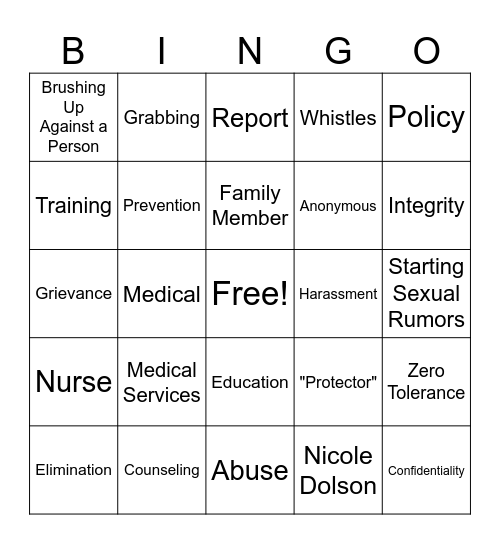 PREA Bingo Card