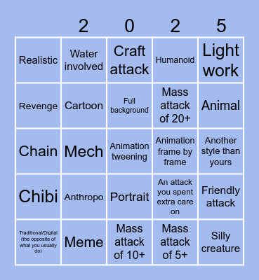 Artfight Bingo 2025 Bingo Card