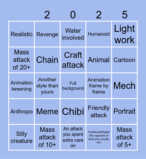 Artfight Bingo 2025 Bingo Card