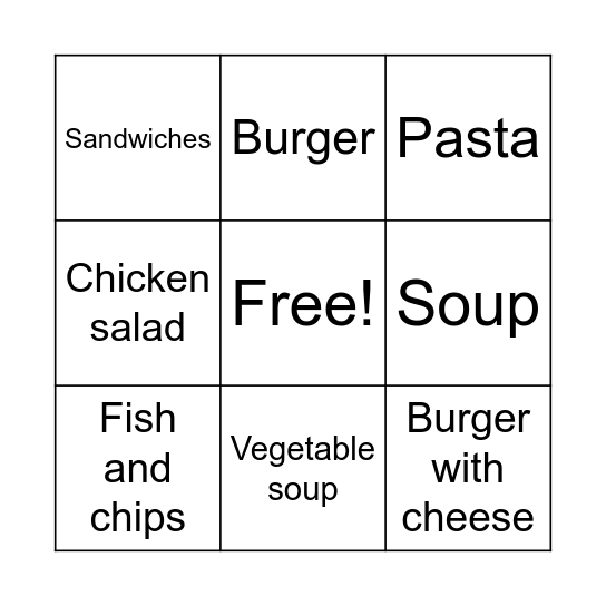 School Lunch Bingo Card