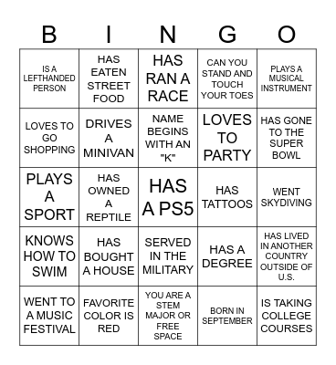 Meet and Greet Bingo Card