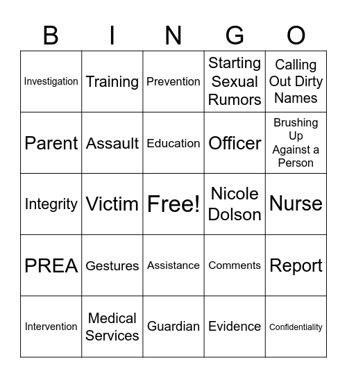 PREA Bingo Card