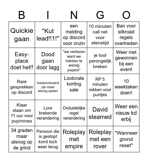 Kingdom is een leuke gamemode Bingo! Bingo Card