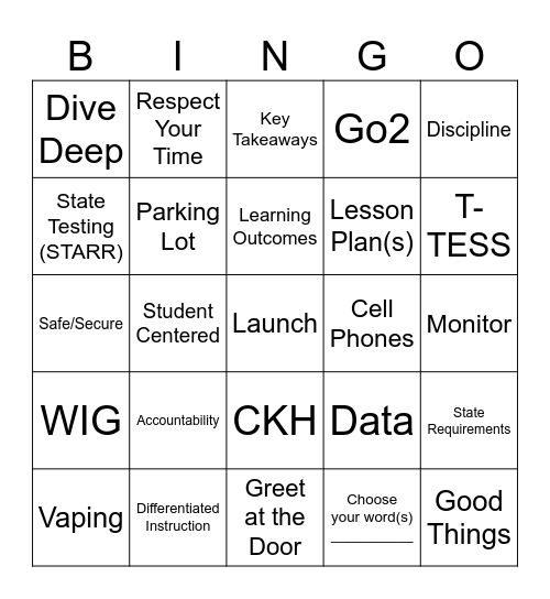 Professional Development Fun Bingo Card