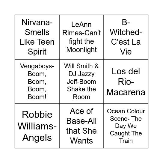90s Bingo Lingo Session 1 Bingo Card