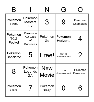 Pokemon Presents 2025 Bingo Card