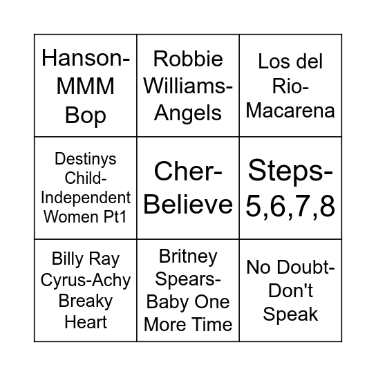 90s Bingo Session 1 Bingo Card