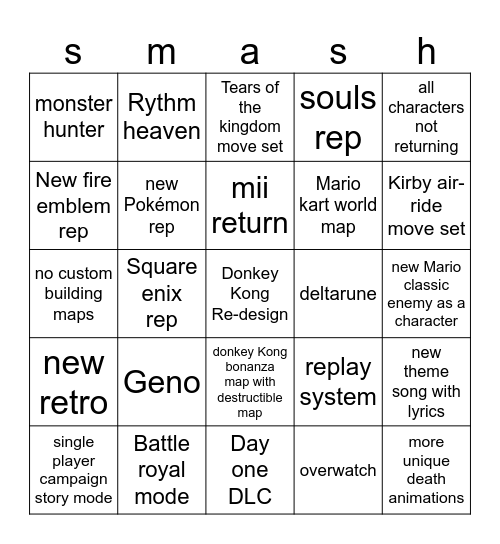Smash 6 predictions Bingo Card