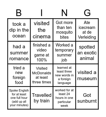 Back To School Summer Bingo Card