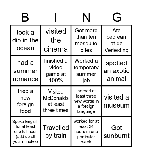 Back To School Summer Bingo Card