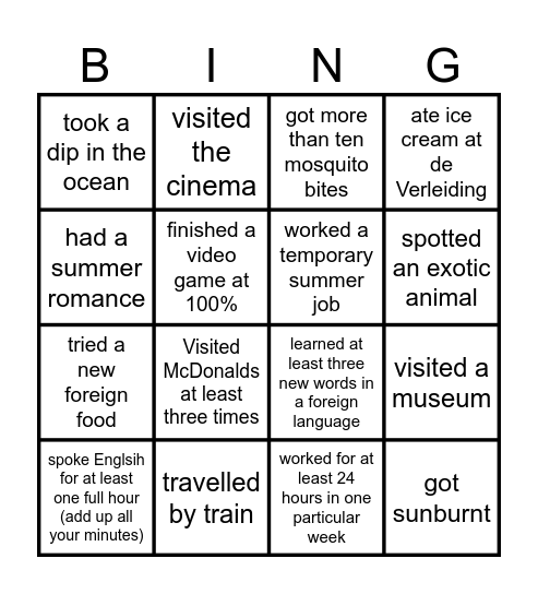 Back To School Summer Bingo Card