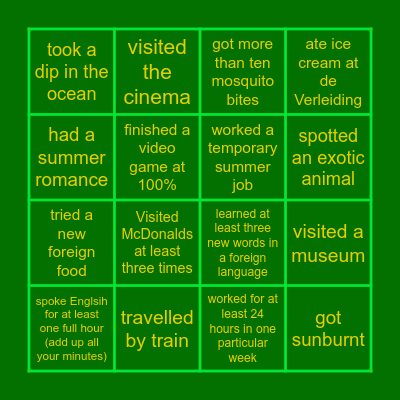 Back To School Summer Bingo Card