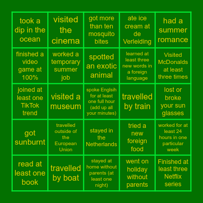 Back To School Summer Bingo Card